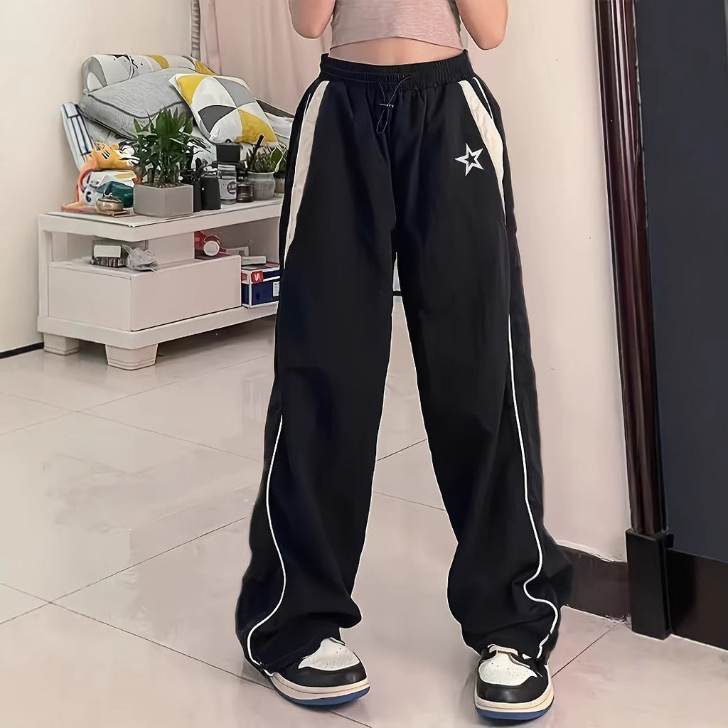 Women's sporty wide-leg trousers with side stripes and elasticated waistband, size