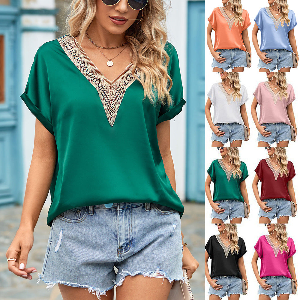 Damen Bluse mit tiefem V-Ausschnitt und Häkelakzenten GR