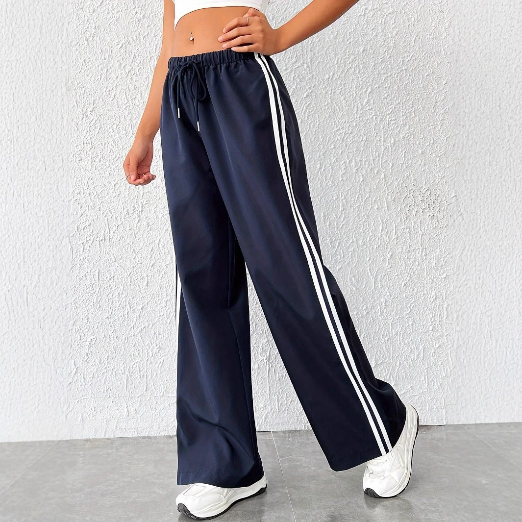 Women's high-waisted casual trousers with sporty stripes, size