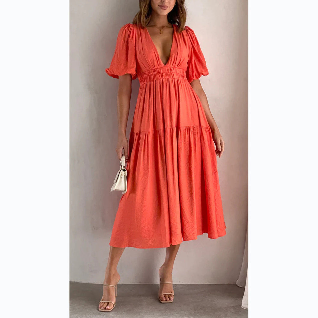 GR | Lässige Trends Sommer V-Ausschnitt Figurbetont Taillenkleid Midilänge