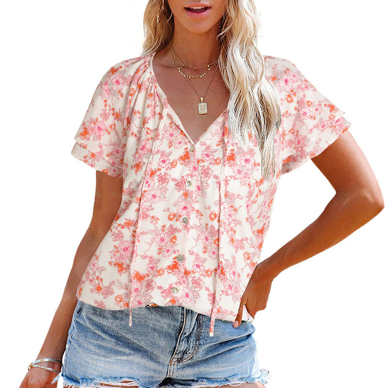 Damen luftige Bluse mit floralem Muster und dekorativen Knopfdetails GR