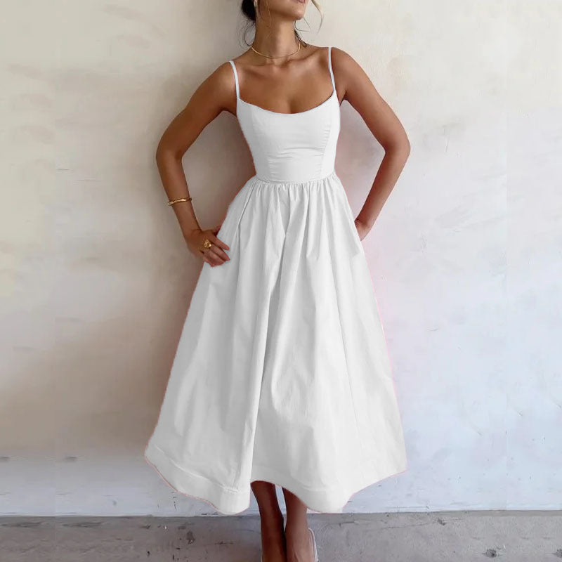 Women's midi dress with fitted bodice and flowing skirt, size