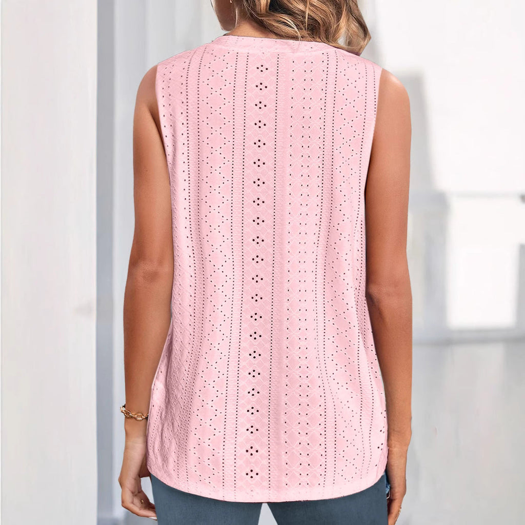 Women's sleeveless blouse with delicate openwork pattern and button placket, size [size missing]