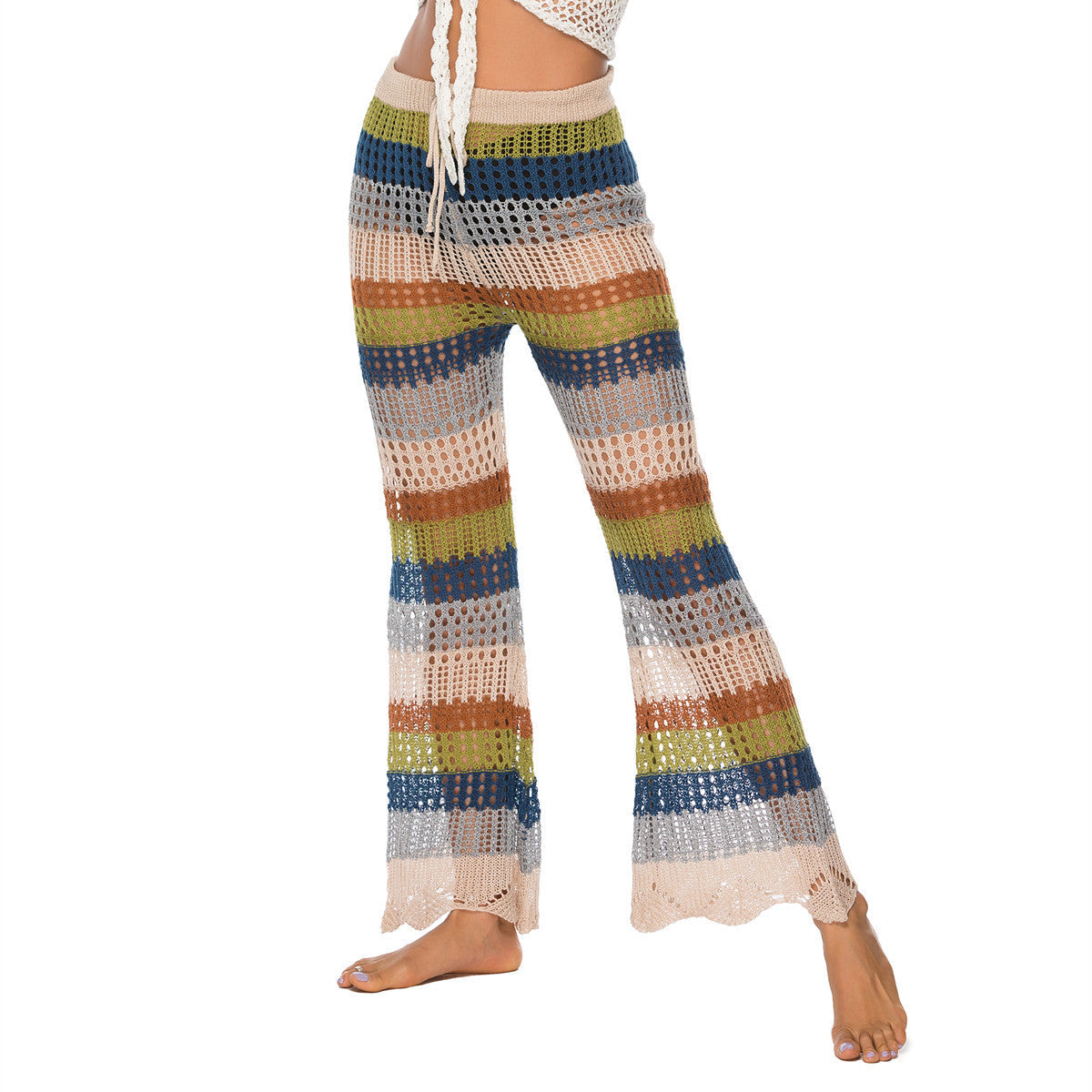 Women's airy crochet trousers in boho style with a high waist, size