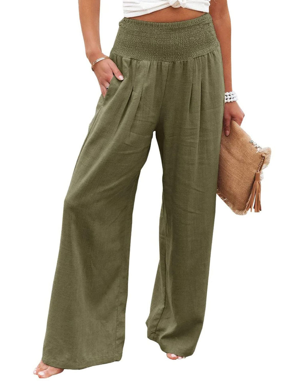 Damen Weite Leinenhose mit elastischem Bund und Falten GR