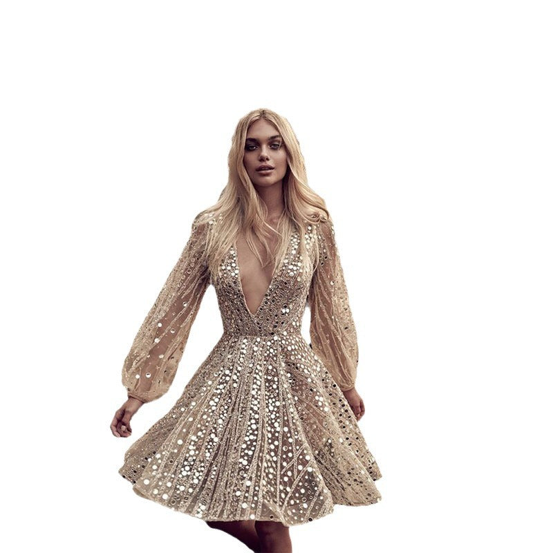 Women's sequined tulle dress with sheer sleeves and swing skirt, size S