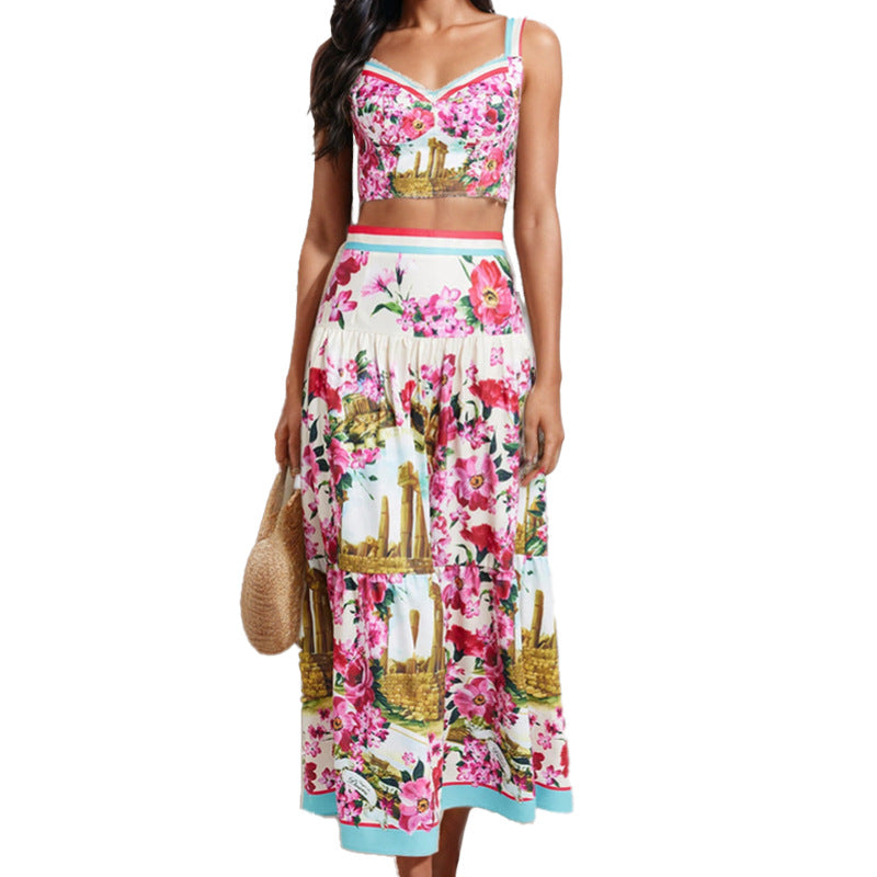 Women's two-piece summer outfit with floral bustier and swing skirt, size [size]