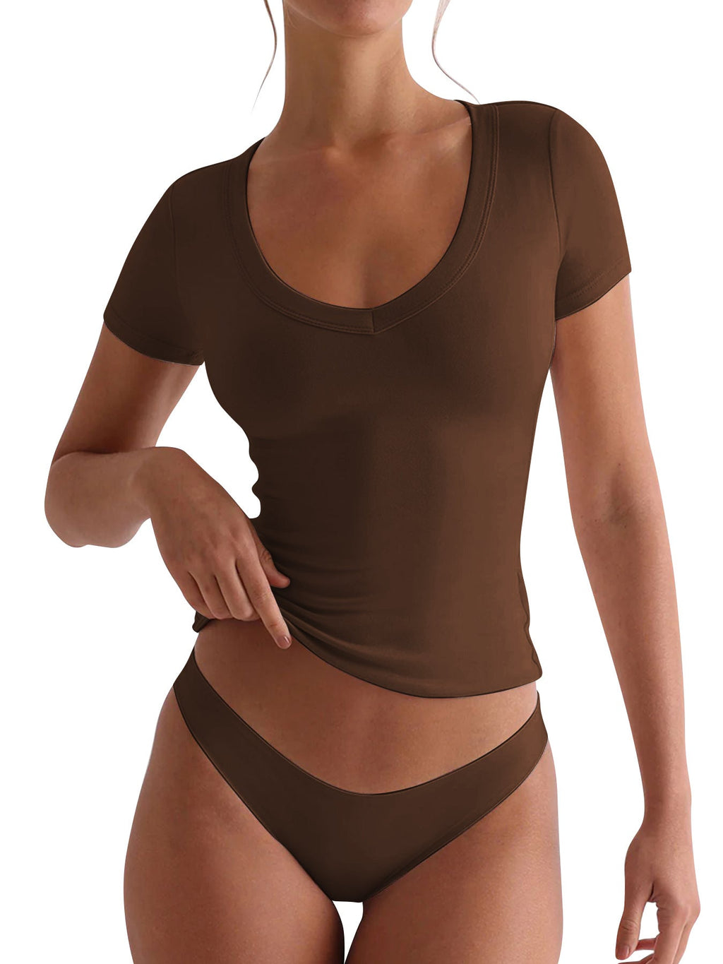 Damen figurbetontes V-Neck T-Shirt mit kurzen Ärmeln GR