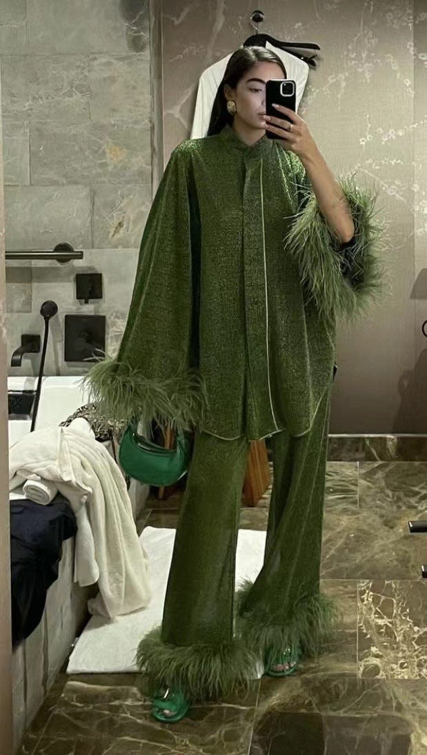GR | Autumn Winter Feather Stand-up Collar Long Sleeve Top and Trousers Set 