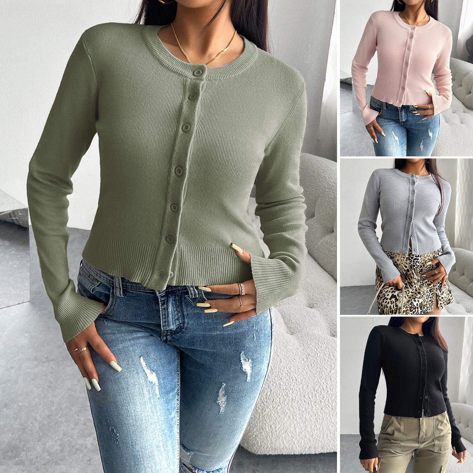 Damen Cardigan mit feiner Ribstruktur und Knopfverschluss GR