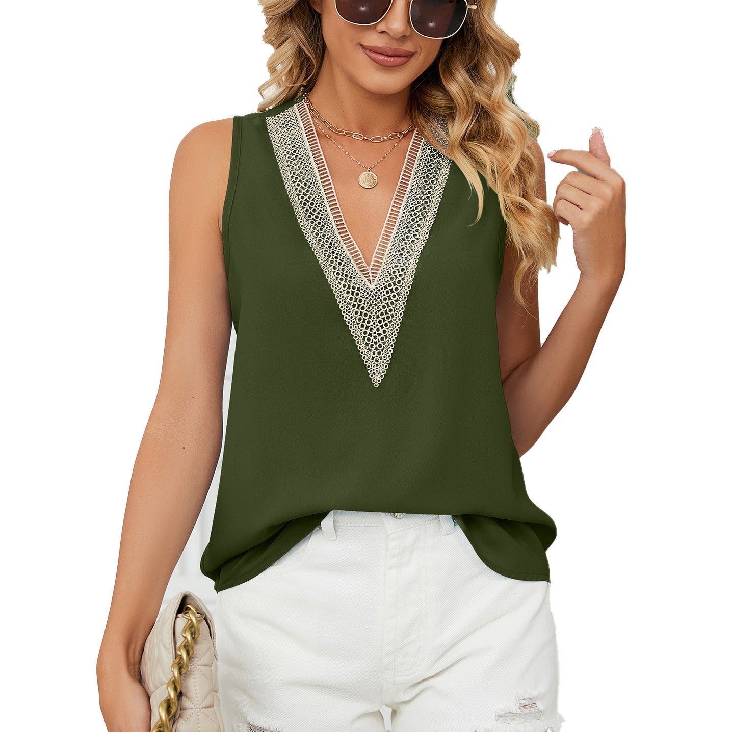 Women's sleeveless top with delicate crochet neckline, size