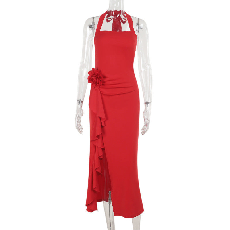 Women's evening dress with asymmetrical ruffle design and seductive halter neck, size GR