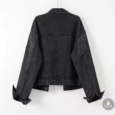 Women's denim jacket with frayed details and a relaxed fit, size S