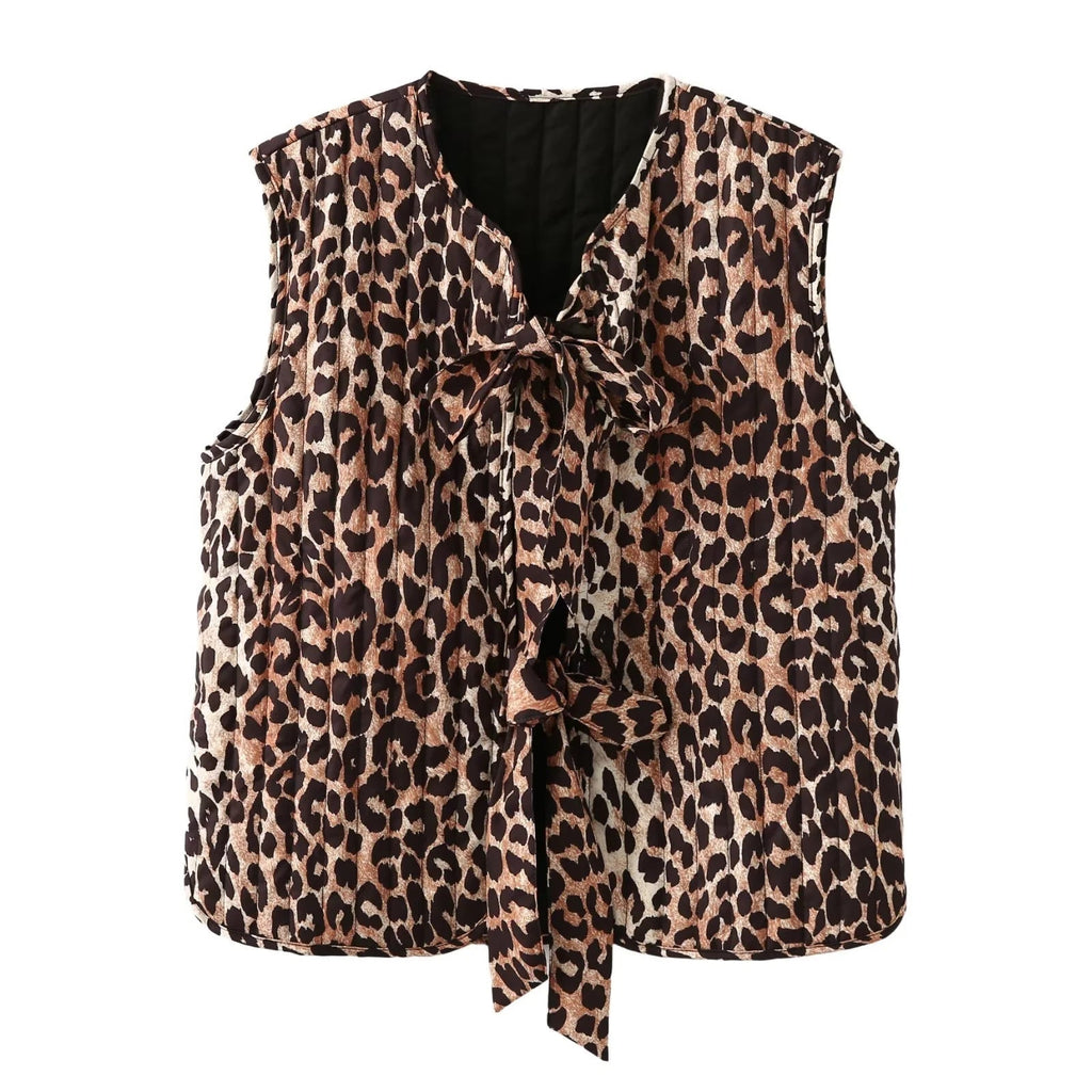 Women's vest in trendy leopard print with playful tie belt, size