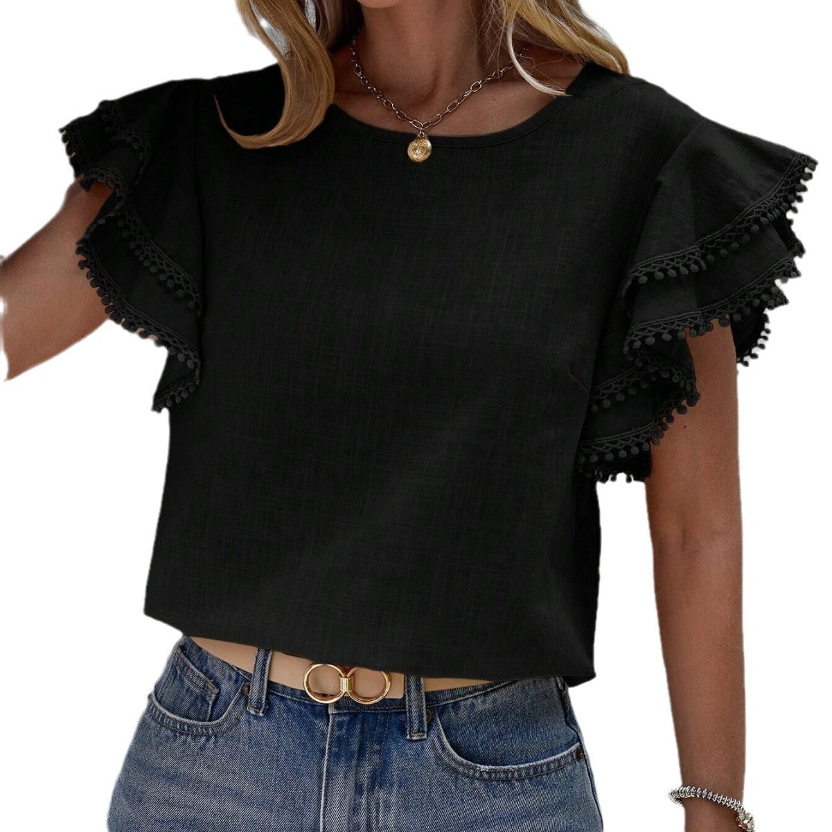 Women's lightweight top with playful ruffles and decorative hem, size [size]