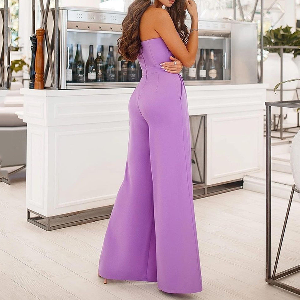 Women's Elegant Strapless Jumpsuit with Wide Legs and Pockets, Size