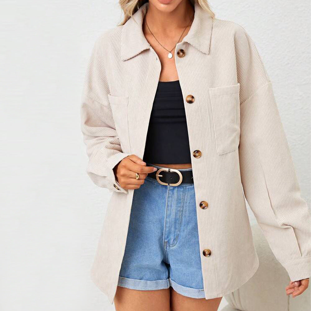 Women's corduroy jacket with a relaxed fit and button-up oversized design, size S