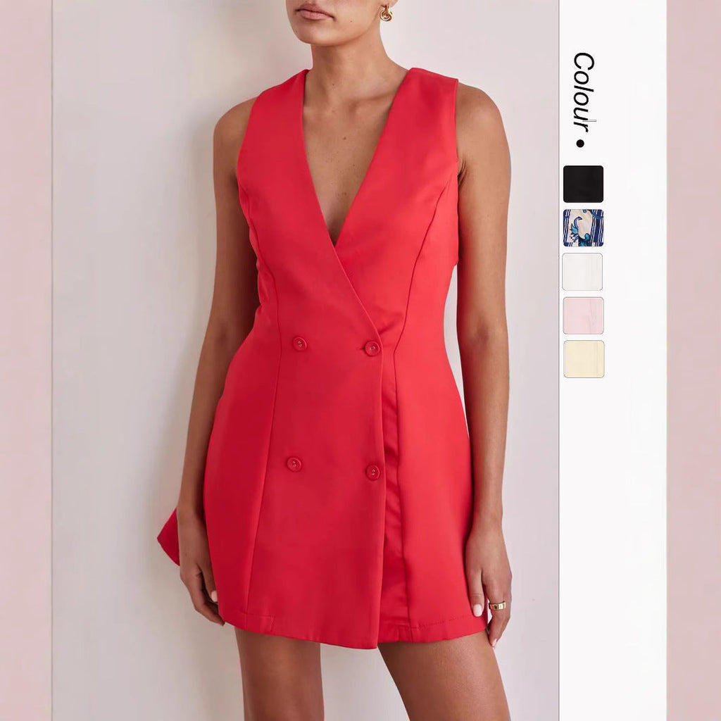 Damen Blusenkleid mit tiefem V-Ausschnitt und doppelter Knopfleiste GR