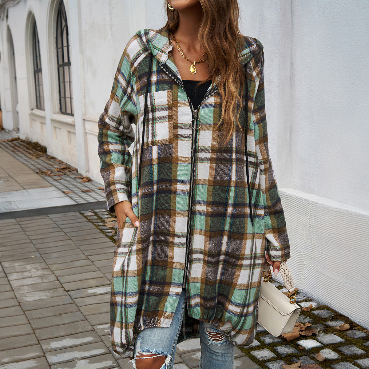 Women's Checked Long Jacket with Hood and Pockets, Size