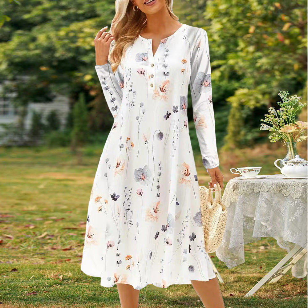 GR | Bedrucktes V-Ausschnitt Knopf Langarmkleid
