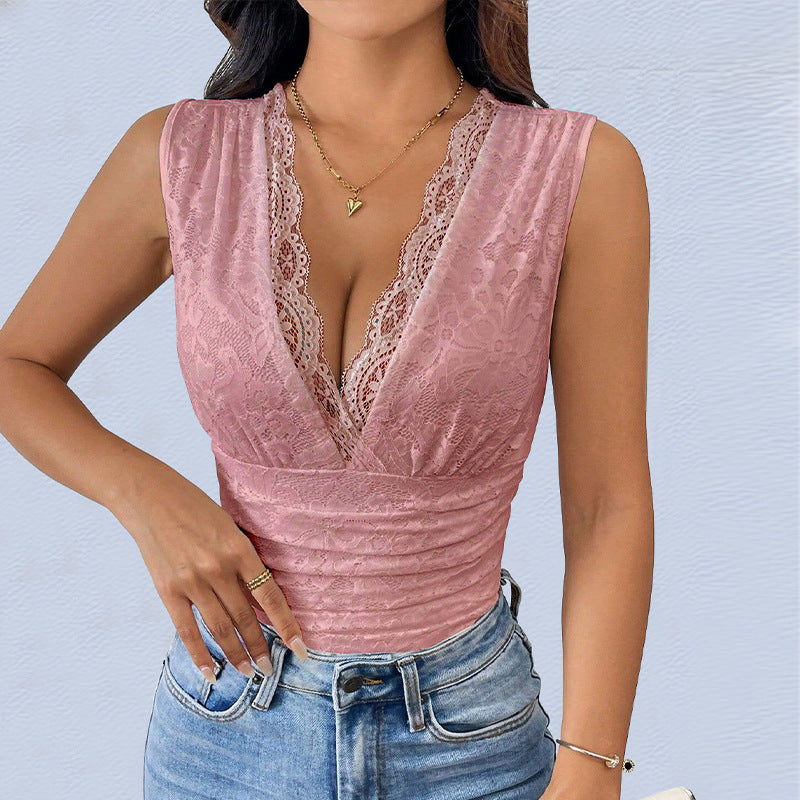 Women's lace top with V-neck and gathered design, size