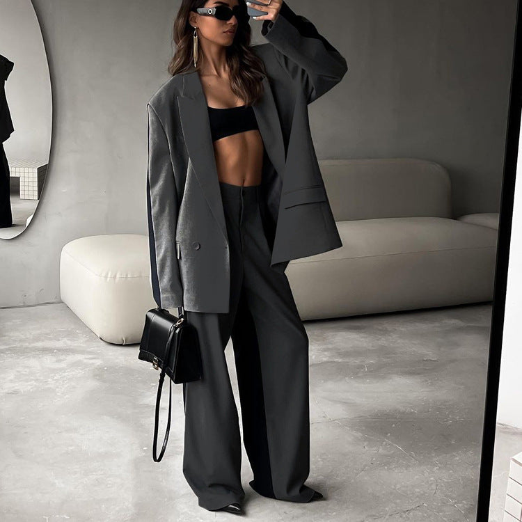 GR | Office Casual Women's Contrast Color Coat & Wide Leg Trousers Sat