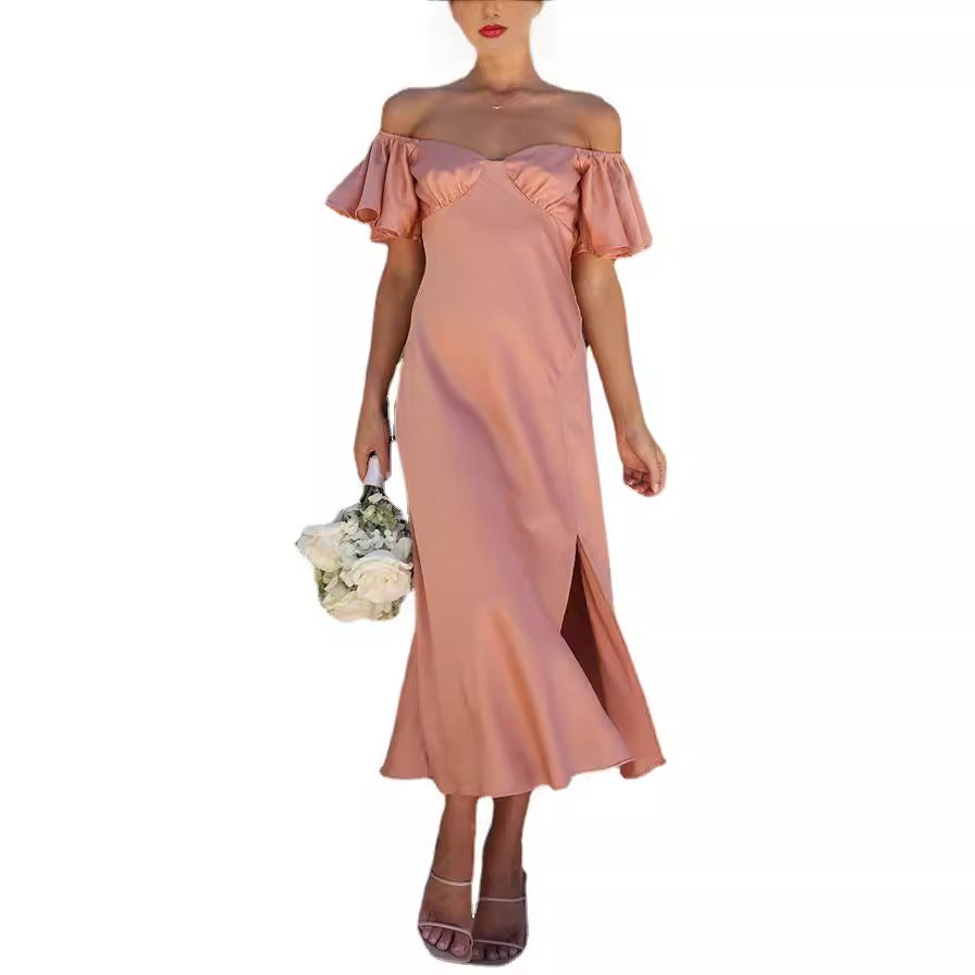 Women's off-the-shoulder midi dress with voluminous sleeves and elegant accents, size GR