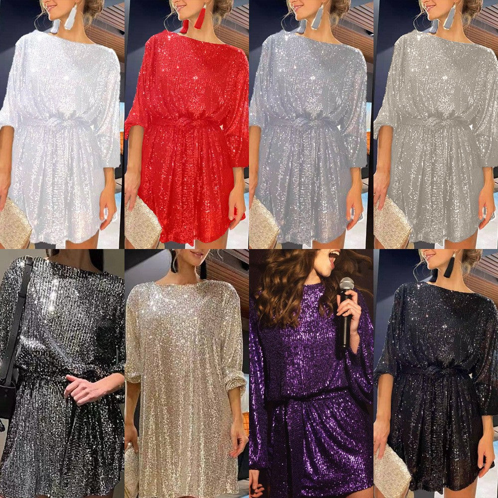 GR | Urlaubsfestmode Pailletten Taillengürtel Kleid