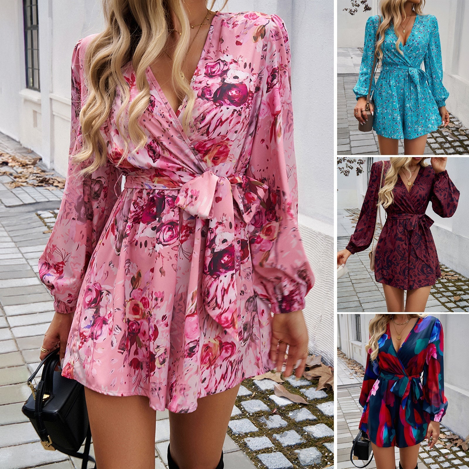 Women's wrap dress with playful floral design and elegant puff sleeves, size [size missing]