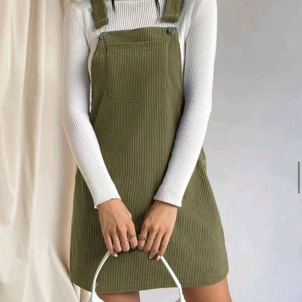 Women's corduroy pinafore dress with button details, size