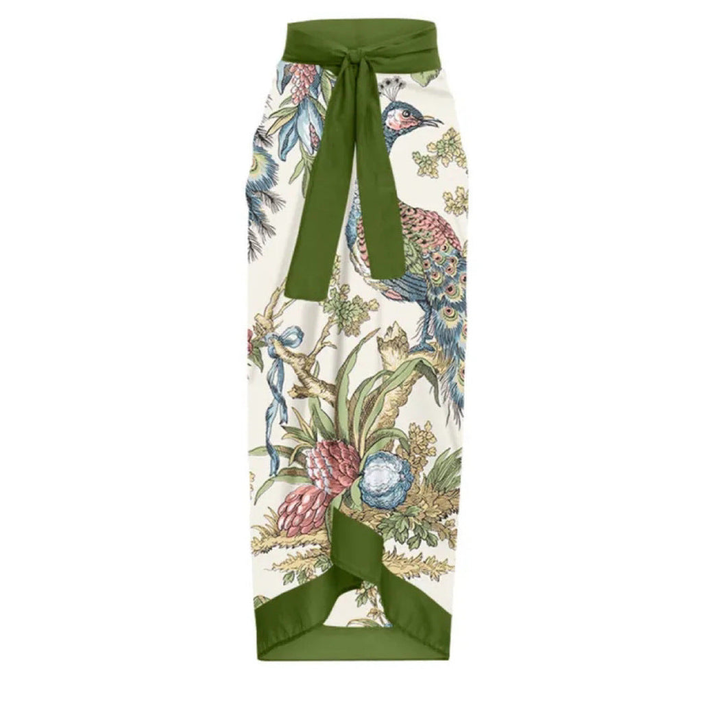 Women's wrap skirt with floral motifs and elegant bow appliqué, size GR