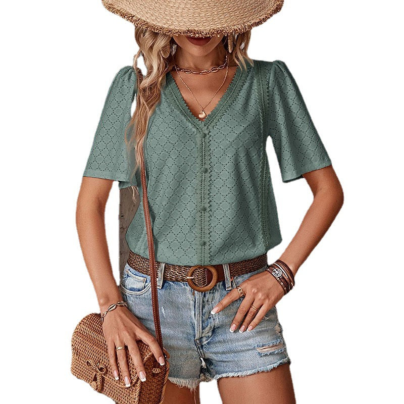 Women's blouse with decorative openwork pattern and elegant V-neck, size [size missing]