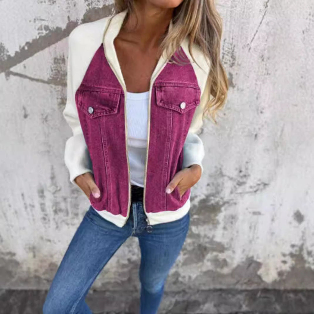 Women's denim jacket with contrasting sleeves and practical pockets, size S