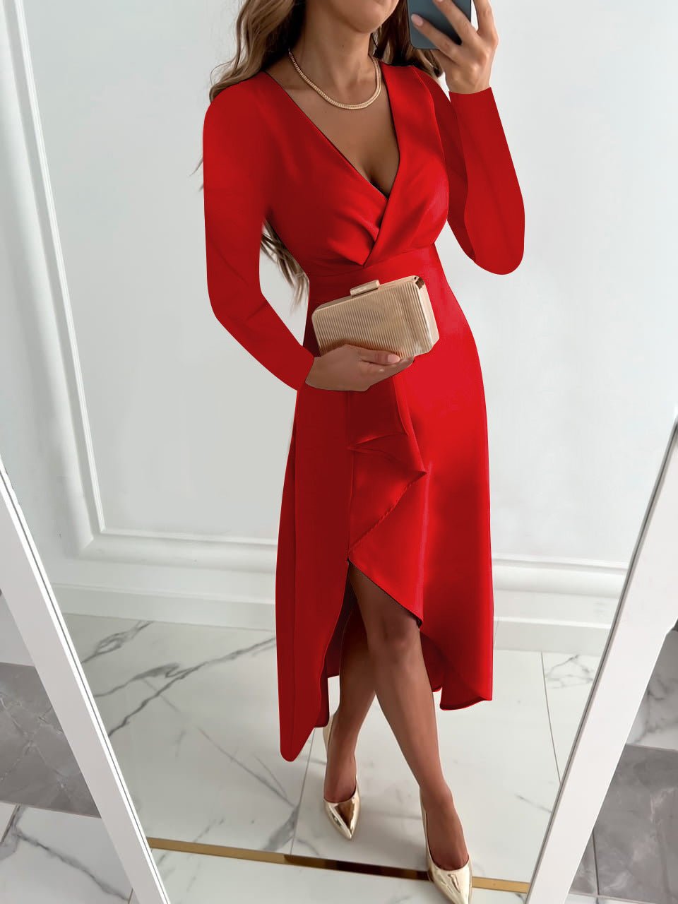 GR | Elegant V-neck wrap dress with long sleeves for women