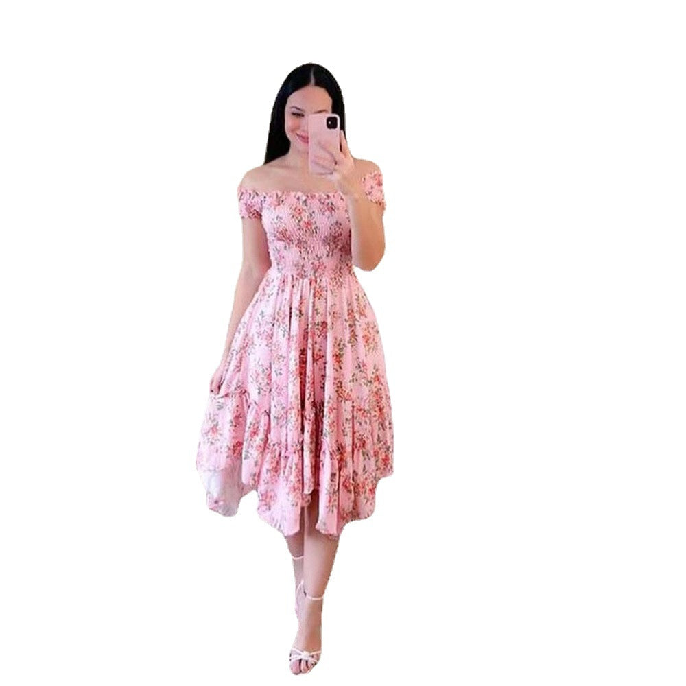 Damen Sommerliches Off-Shoulder Kleid mit farbenfrohem Schmetterlingsmuster und geschmeidigem Faltenwurf GR