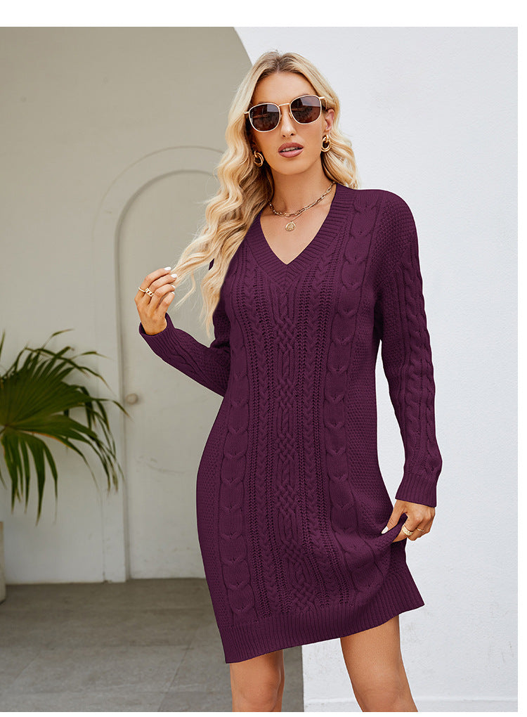 GR | Solid color V-neck twirl knit dress 