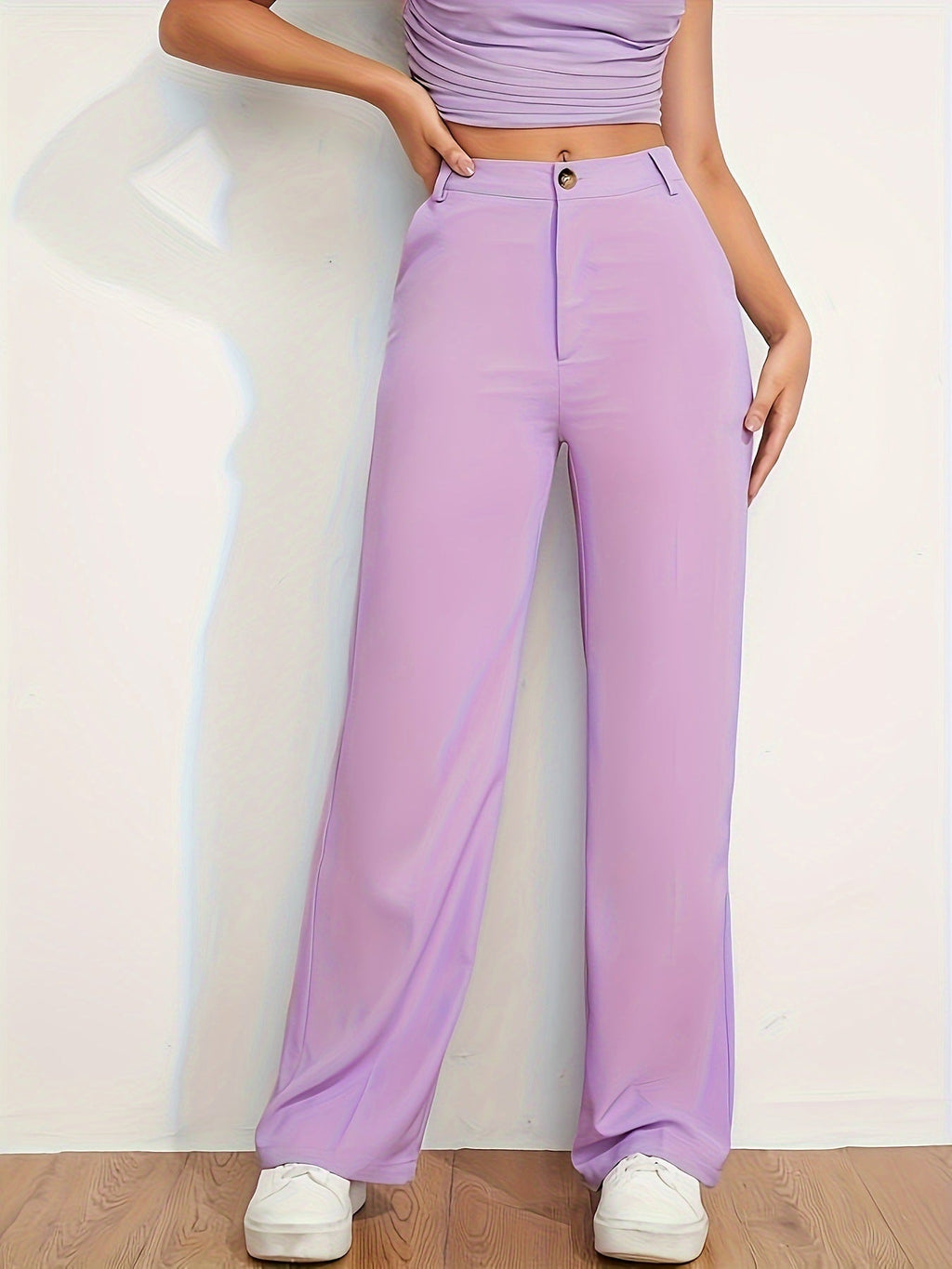 Women's wide-leg high-waisted trousers with elegant button detailing, size