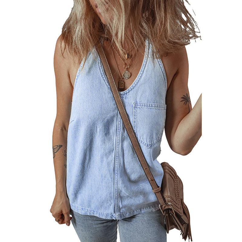 Women's sleeveless denim top with practical chest pockets, size