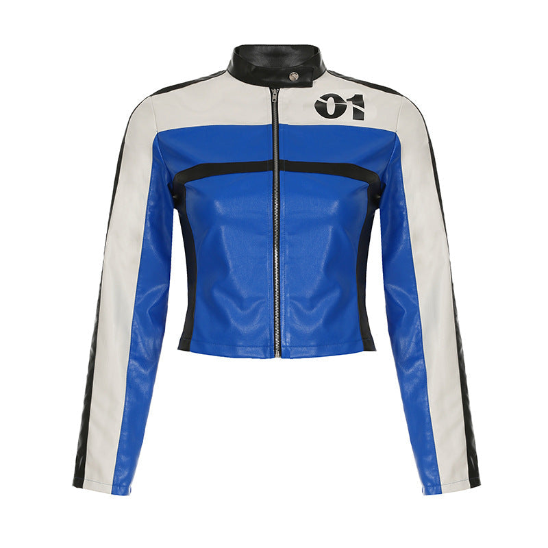 GR | Transport engine jacket, coat, digital print, stitching, contrast color, zipper, long sleeves, short sleeves, faux leather, top