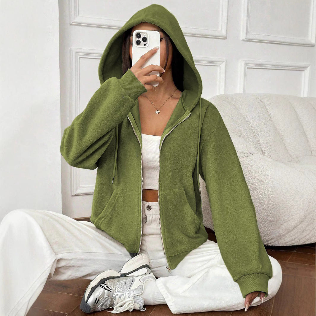 Women's fleece jacket with hood and zipper, size