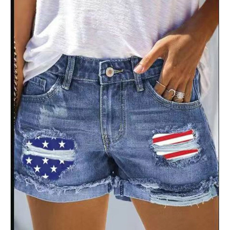 Damen Denim-Shorts mit kreativen Flaggenapplikationen und lässigem Destroyed-Design GR