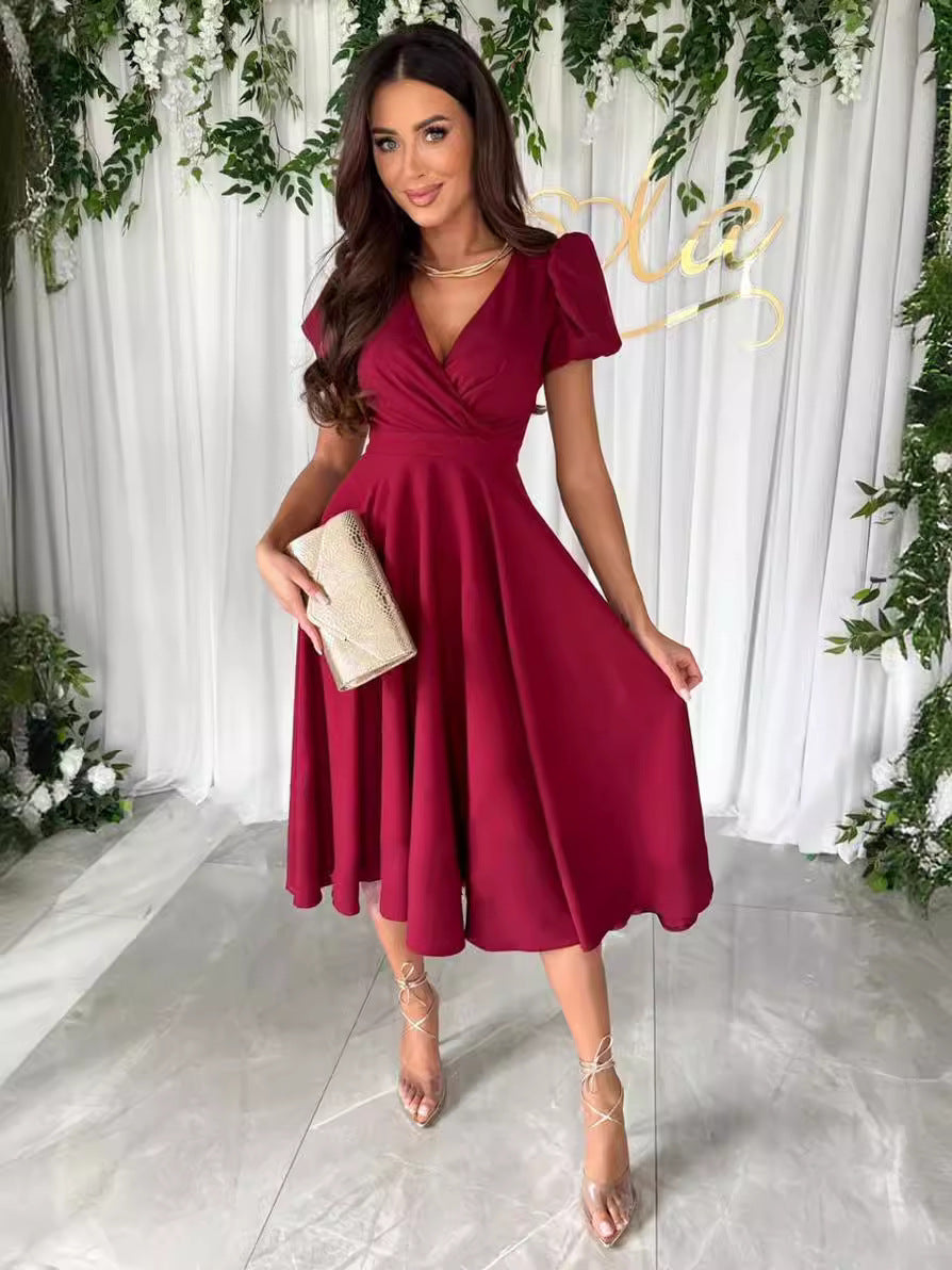 Women's elegant wrap dress with charming puff sleeves, size