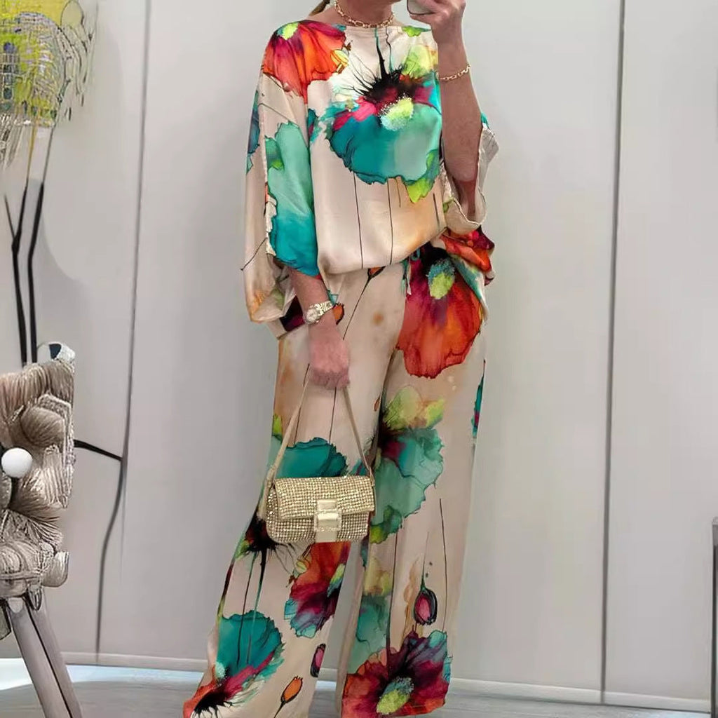 GR | Elegant satin one-shoulder printed loose set 