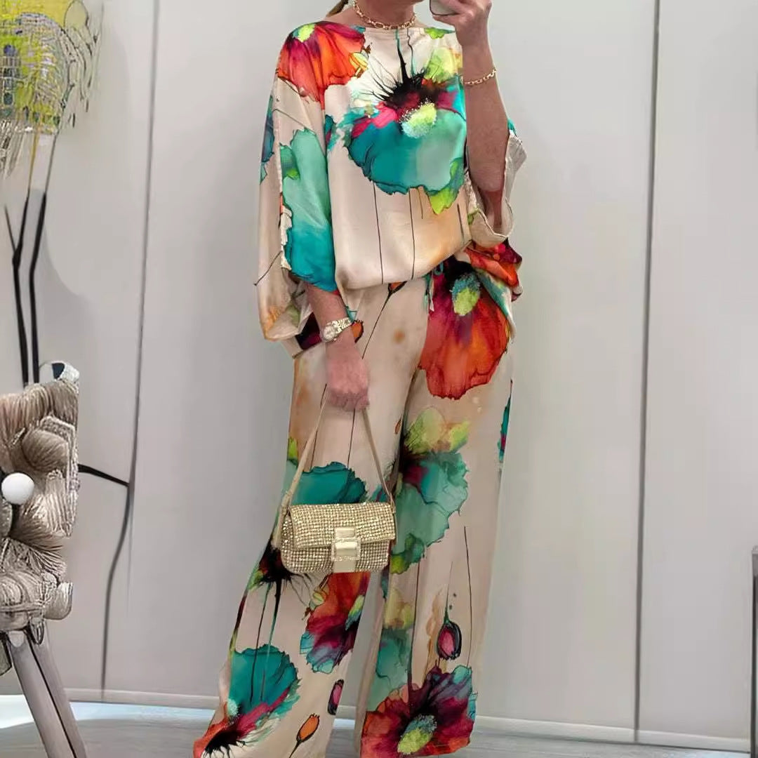 GR | Elegant satin one-shoulder printed loose set 