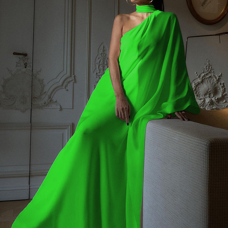 Women's elegant one-shoulder evening dress with flowing fabric and chic collar, size S