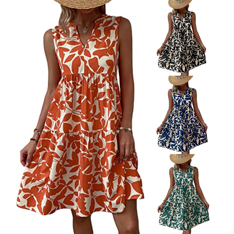 Damen luftiges ärmelloses Sommerkleid mit floralen Mustern und weitem Schnitt GR