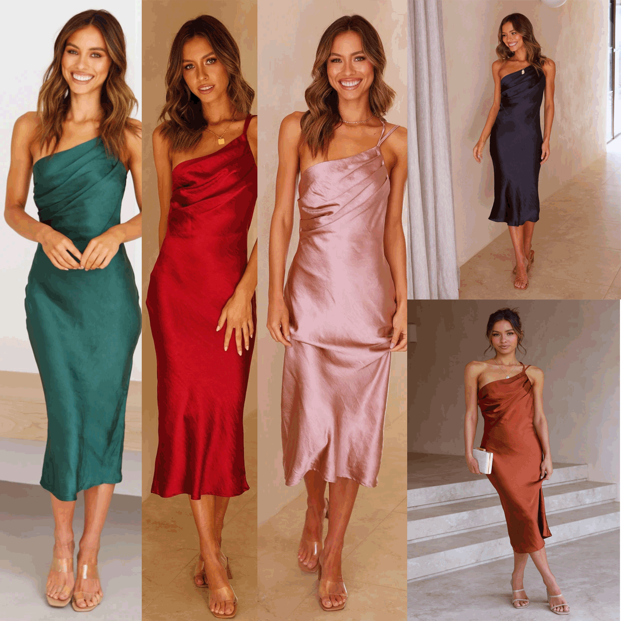 Women's elegant and flowing evening dress with asymmetrical neckline, size S