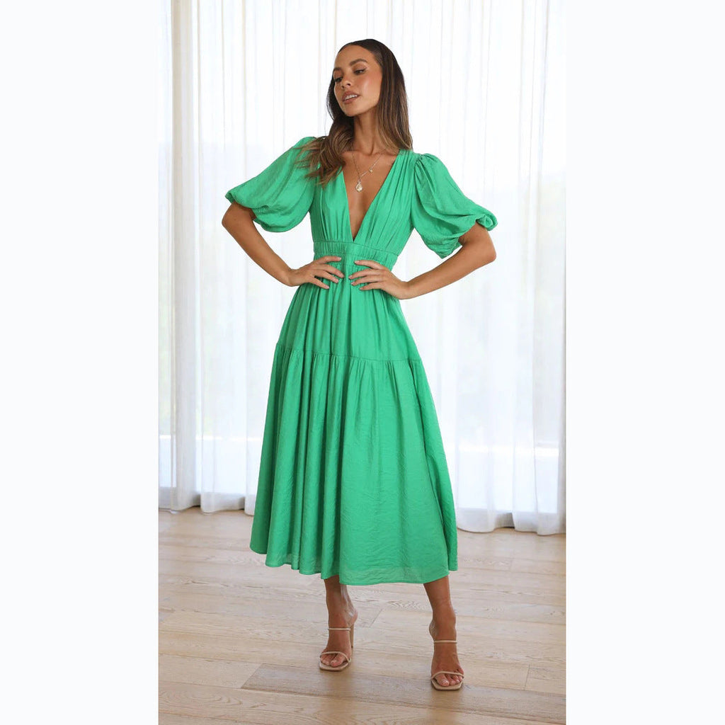GR | Lässige Trends Sommer V-Ausschnitt Figurbetont Taillenkleid Midilänge