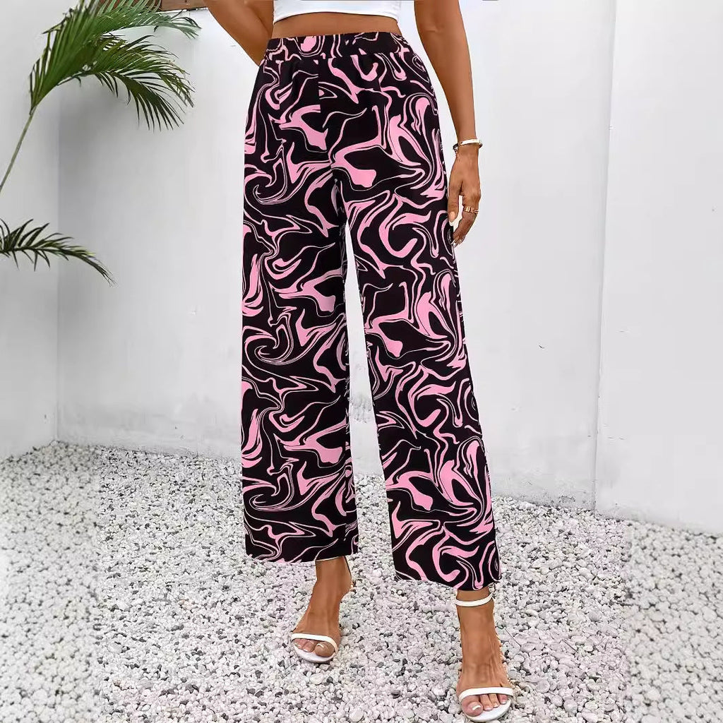 Women's wide-leg palazzo trousers with a modern marble print and elasticated waistband, size S