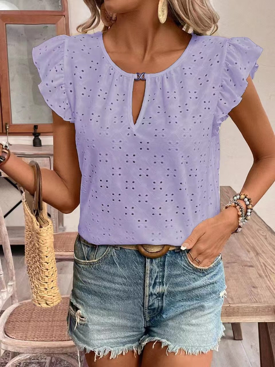 Damen Bluse mit Rüschendetails und Lochstickerei GR